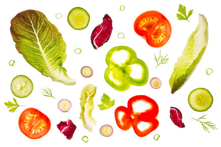 Romaine lettuce leaves, radicchio, slices of green and red peppers, tomato and red scallion slices,...
