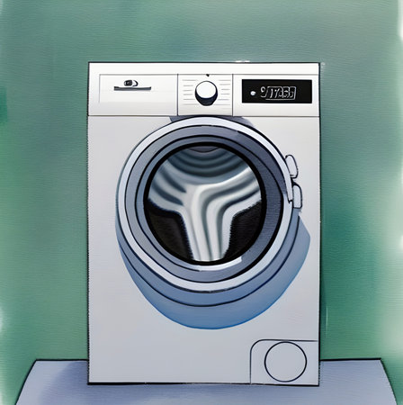 Washing machine on a green and abstract background, front view, modern domestic equipment with a drum for daily activities. household appliance.の写真素材