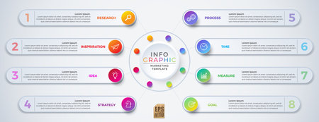 Infographic colorful vector marketing template  design Round corner icons 8 options isolated in minimal style. You can used for Marketing process, workflow presentations layout, flow chart, print ad.のイラスト素材
