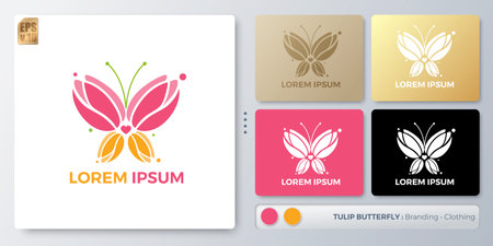 Tulip butterfly Logo design. Blank name for insert your Branding. Designed with examples for all kinds of applications. You can used for company, indentity, cosmetic, environment campaign, branding.のイラスト素材