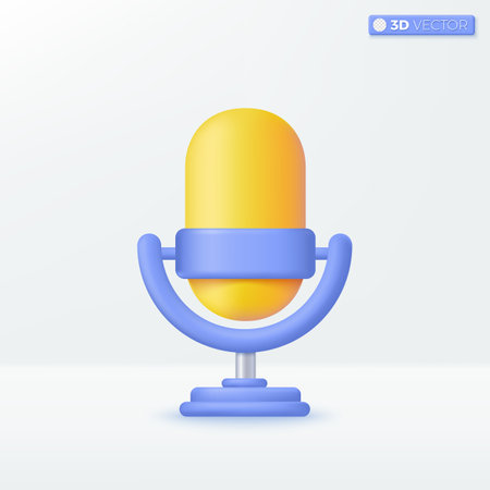 Yellow Microphone on stand. equipment for audio broadcasts. 3D vector isolated illustration design. Cartoon pastel Minimal style. You can used for music, karaoke, recording, studio, ux, ui, print ad.のイラスト素材