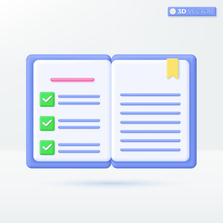 Diary or Book icon symbols. check mark, bookmark, e-book, magazine, Education concept. 3D vector isolated illustration design. Cartoon pastel Minimal style. You can used for design ux, ui, print ad.のイラスト素材