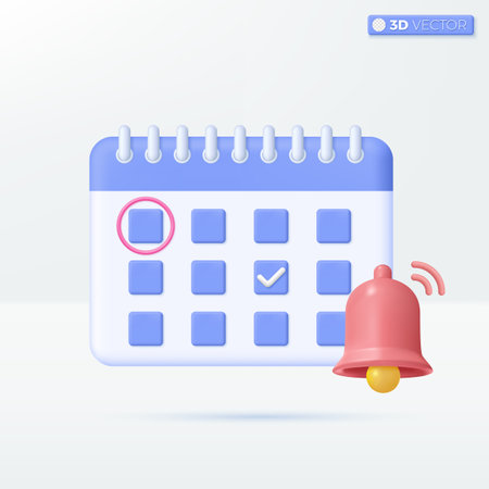 Calendar with Bell notification icon symbols. event, business planning, reminder concept. 3D vector isolated illustration design. Cartoon pastel Minimal style. You can used for design ux, ui, print adのイラスト素材