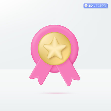 Medal with golden star and ribbons icon symbols. prize, winner, high quality guarantee concept. 3D vector isolated illustration design. Cartoon pastel Minimal style. You can used for ux, ui, print ad.のイラスト素材
