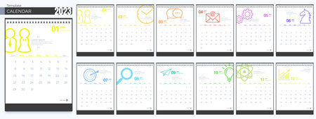 Calendar 2023 templates. 12 months, Simple monthly vertical calendar corporate design Layout in English. Week starts from Sunday. 3D vector isolated illustration design Cartoon pastel Minimal style.のイラスト素材