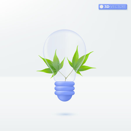 Light bulb transparency and green meple. develop environment, ecology, idea metaphor. 3D vector isolated illustration design Cartoon pastel Minimal style. You can used for mobile app, ux, ui, print adのイラスト素材