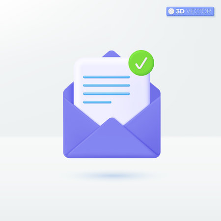 Envelope and Document Check mark icon symbols. postal, Mail invitation, Approved concept. 3D vector isolated illustration design. Cartoon pastel Minimal style. You can used for design ux, ui, print adのイラスト素材