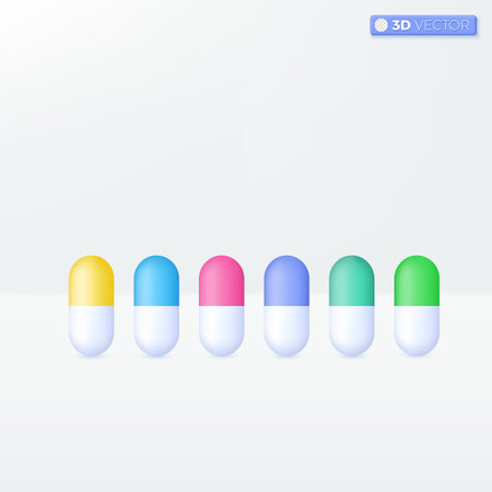 Multicolors Medical pills icon symbols. Capsules, drugs, pharmacy, Healthcare and medicine concept. 3D vector isolated illustration design Cartoon pastel Minimal style. For design ux, ui, print ad.のイラスト素材