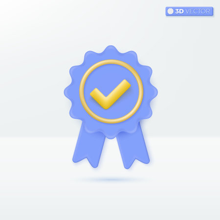 Medal with gold check mark and ribbons icon symbols. prize, winner, high quality guarantee concept. 3D vector isolated illustration design Cartoon pastel Minimal style. For design ux, ui, print ad.のイラスト素材