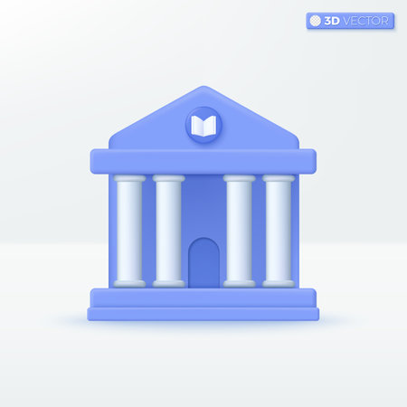 Library Building icon symbols. University, Columns and pillars, International Literacy Day concept. 3D vector isolated illustration design Cartoon pastel Minimal style. For design ux, ui, print adのイラスト素材