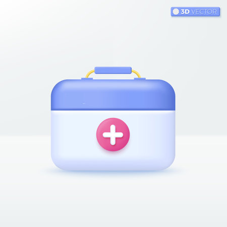 Medical box with cross icon symbols. Emergency, pharmacy, Healthcare, medicine first aid kit concept. 3D vector isolated illustration design. Cartoon pastel Minimal style. For design ux, ui, print ad.のイラスト素材