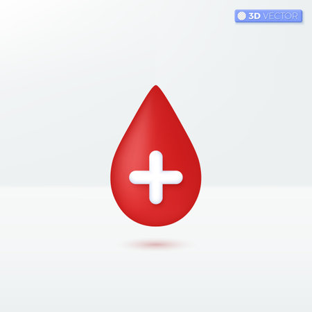 Blood drop with cross icon symbols. Hematology, red blood cell, Donation, healthcare, medical concept. 3D vector isolated illustration design. Cartoon pastel Minimal style. For design ux, ui, print adのイラスト素材