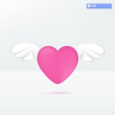 Red heart with wings icon symbols. romantic love, Greeting Valentine, Wedding Celebration concept. 3D vector isolated illustration design. Cartoon pastel Minimal style. For design ux, ui, print ad.のイラスト素材