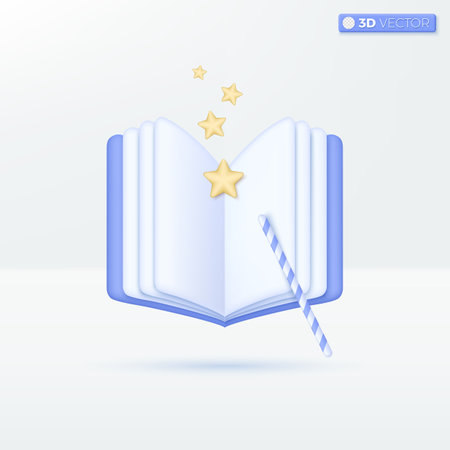 Open Magic book with magic wand and stars flying out icon symbol. Fairytale pictogram. Power of knowledge sign. Fantasy world concept. 3D vector isolated illustration, Cartoon pastel Minimal style.のイラスト素材