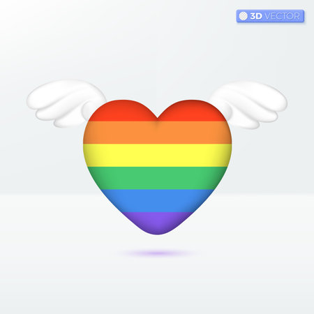 3D rainbow heart with wings icon symbol. Accepted gender diversity. symbol of community peace sign pride month. Heart of LGBTQ concept. 3D vector isolated illustration, Cartoon pastel Minimal style.のイラスト素材