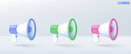 3d megaphone speaker set of multicolored icon symbol. loudspeaker bullhorn for announce discount promotion, sell reduced prices concept. 3D vector isolated illustration, Cartoon pastel Minimal style.のイラスト素材
