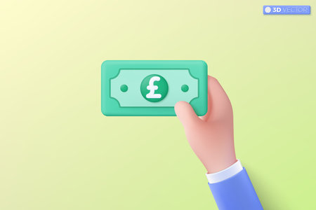 3d pound sterling bill icon symbol. green paper bill, Cash, interest rate, business and finance, investment, financial, payment concept. 3D vector isolated illustration, Cartoon pastel Minimal styleのイラスト素材
