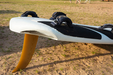 Surf board lies on the sand on the beach on the shore of the lake, sea, water sports, active...