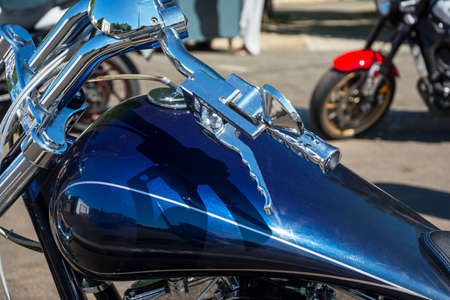 Beautiful top view of a motorcycle, blue motorcycle gas tank, motorcycle steering wheel, Shining chrome, gas handle, Stylish motorcycle lookの写真素材