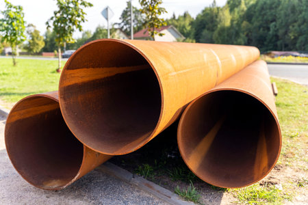 Large diameter pipes, Large rusty metal pipes.