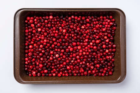 Ripe red cranberry berries, top view of cranberry berries in a bowl.の写真素材