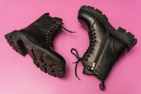 Leather Black Women's Rough Grinder Boots with Thick Soles, Laced High Fashion Boots, Rough black...
