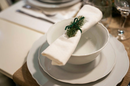 Christmas dinner, white plates and a napkin with a branch of a Christmas tree on the table