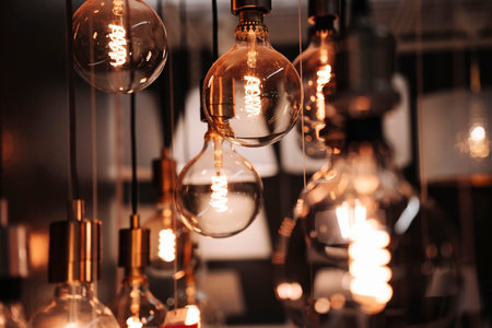 beautiful vintage incandescent lamps with curly spirals, a burning spiral in the incandescent lamp