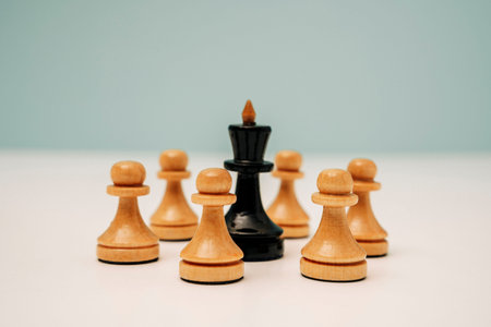black chess king surrounded by white chess pawns of enemies, war, capture, capture, surrender