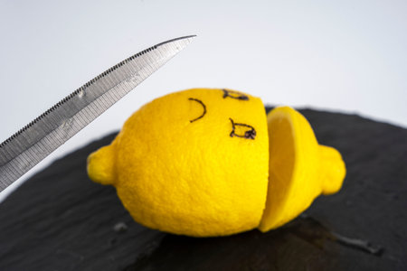 sliced lemon and fruit knife cutting board, drama, joke, tragedy, crime
