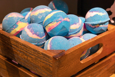 Colorful beautiful handmade Aromatic bath Bombs in a Wooden box