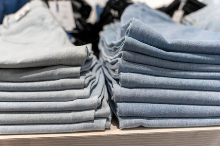 a stack of blue jeans on a shelf in the store. fashion clothing store