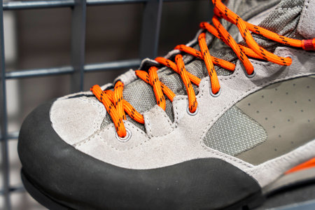 shoe lace close up look. bright orange shoelaces. New Mountain Bootsの写真素材