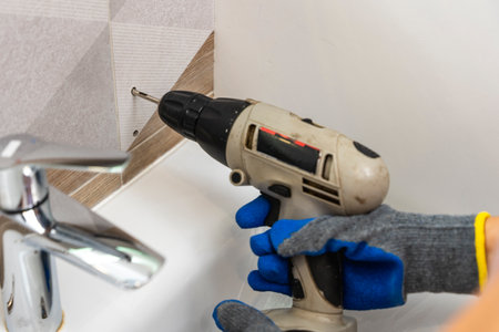 drilling holes in porcelain stoneware, drilling holes in tilesの写真素材