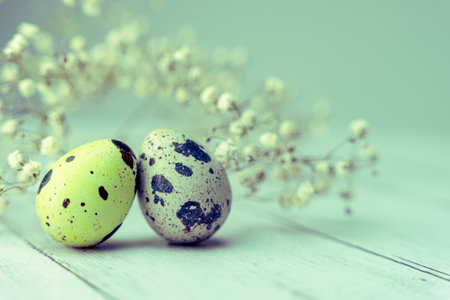 easter eggs and a branch of gypsophila on a light backgroundの写真素材