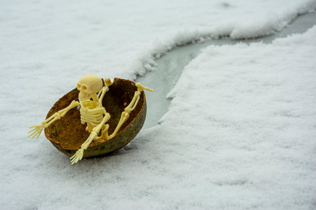 skeleton rides on the hemisphere as on a sled in the snowの写真素材