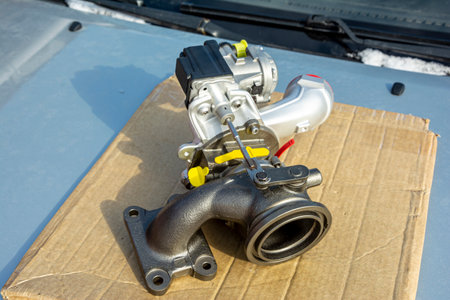 new turbine for an automobile engine lies on the hood of the carの写真素材