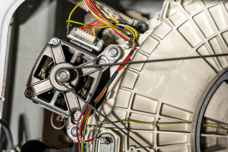 Electric motor and belt drive of an electric washing machineの写真素材