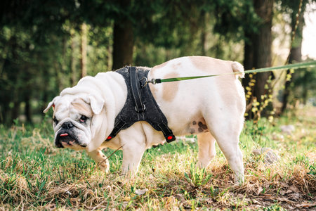 a white-haired happy English bulldog on a walk. Wrinkled joyful muzzleの写真素材