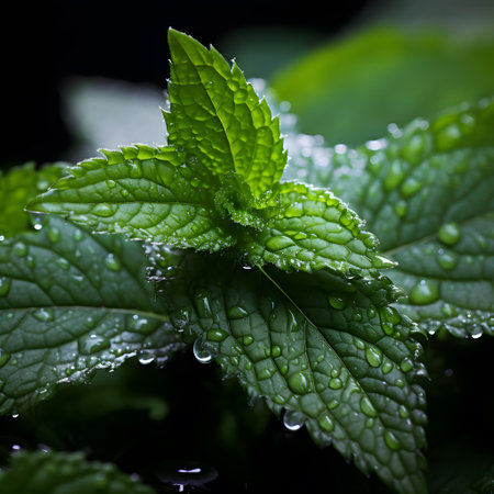 resh green mint leaves covered with drops of water. aromatic cooking ingredientの素材