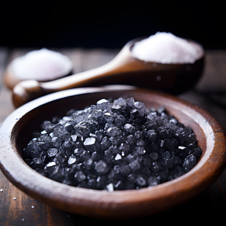 Hawaiian black lava salt in a wooden bowl on the tableの素材