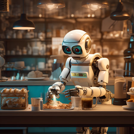 robot waiter in a cafe prepares coffee and cakes, fulfilling a customers orderの素材