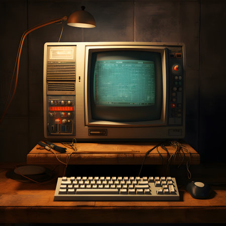 vintage computer and monitor on the table. A very old personal computerの素材
