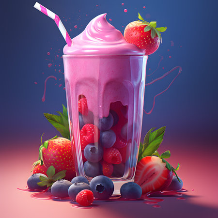 glass with fruit smoothie on the table surrounded by ripe fruits and berriesの素材