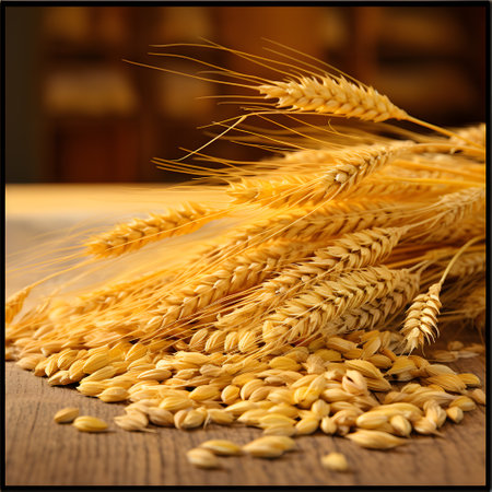 golden ears and ripe grains of wheat on a wooden rural table. Side viewの素材