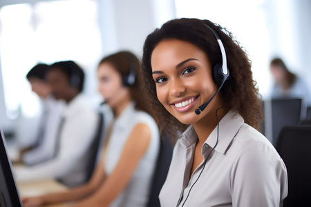 a pretty girl is an operator in a call center. the operator is a female agentの素材