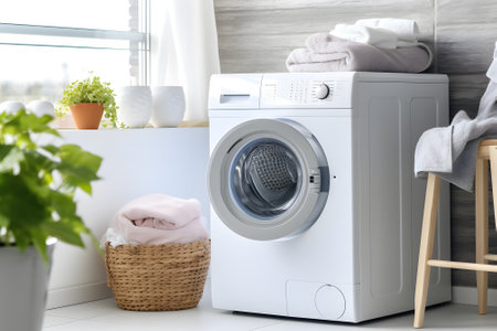Bathroom interior with large window, modern washing machine, decor, flowersの素材