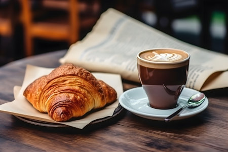 cup of delicious morning coffee, a croissant and a fresh newspaper on the tableの素材