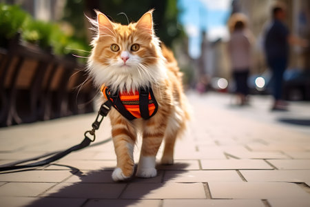 a red-haired cat on a harness walks around a sunny cityの素材