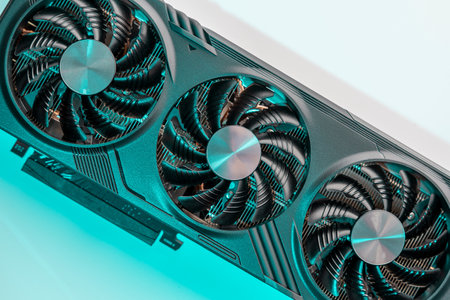 modern powerful gaming graphics card for a computer with three fansの写真素材